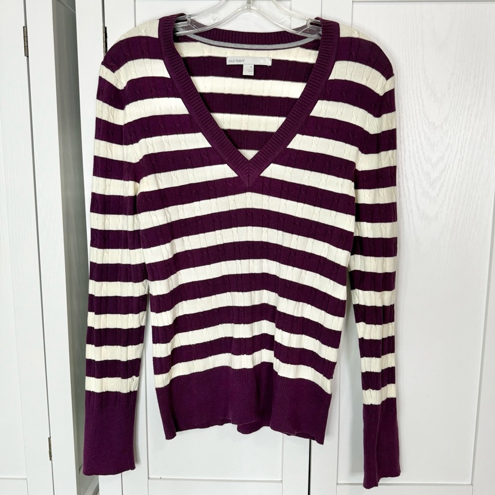 Old Navy Striped Cable Knit V-Neck Sweater Purple Cream Medium Y2K Bella Swan